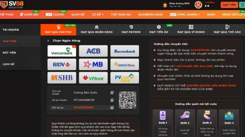Các phương thức nạp tiền SV88 phổ biến và an toàn nhất